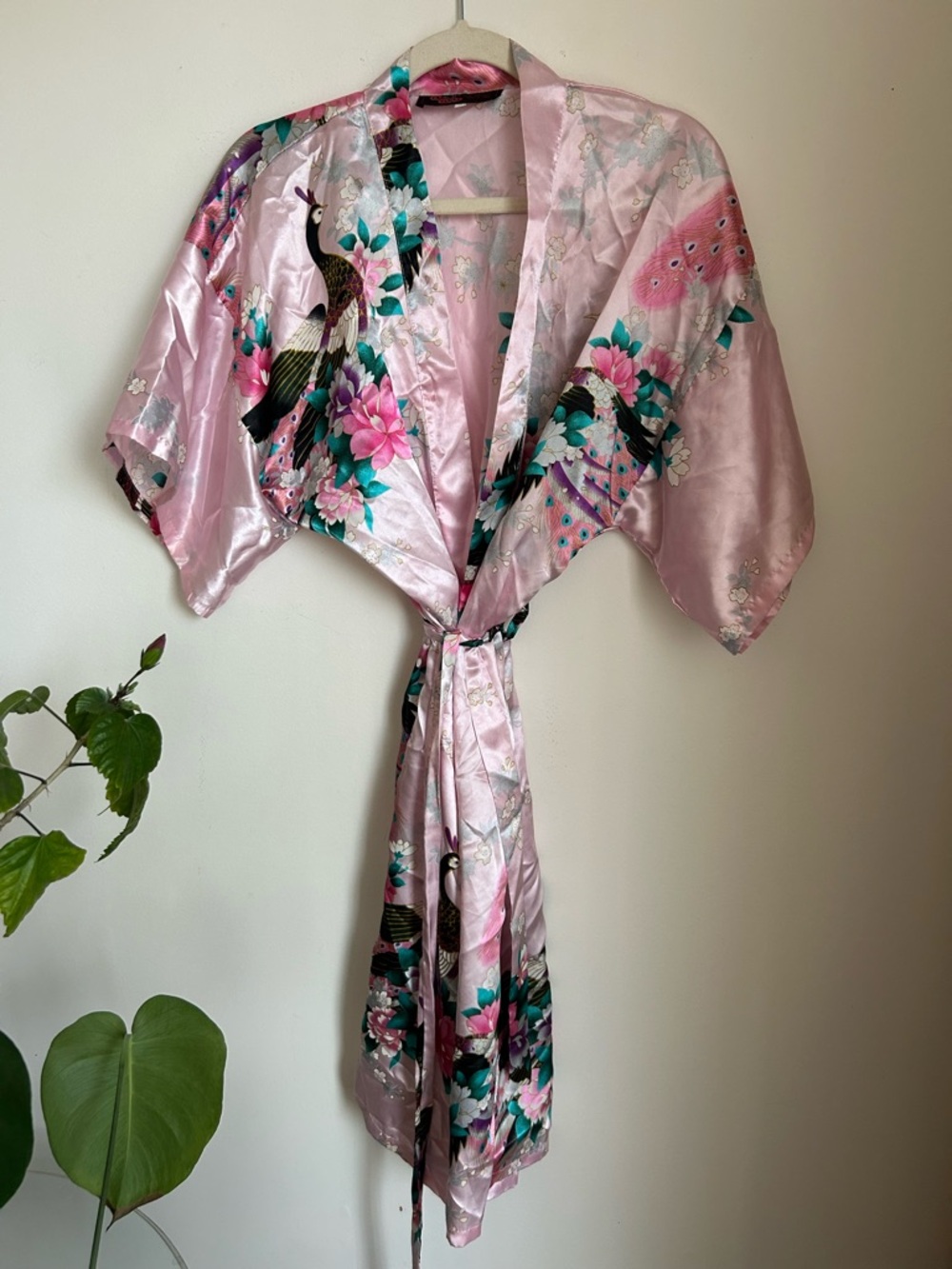 Pink Floral Satin Kimono Robe with Peacock Print